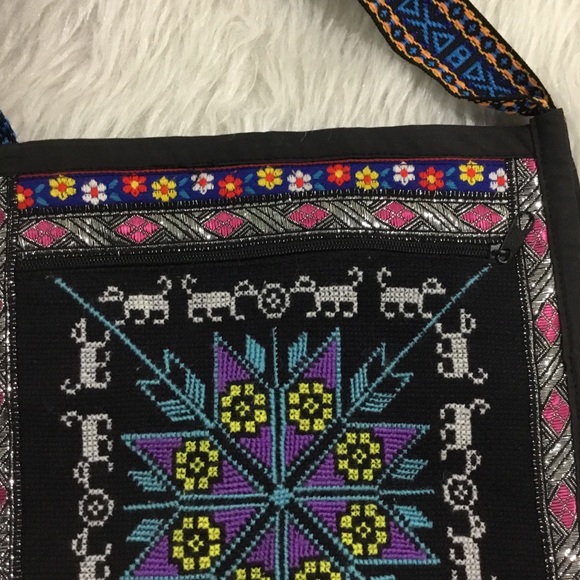 Crossbody Boho cross stitch handmade fabric cute artisan purse - Picture 3 of 6